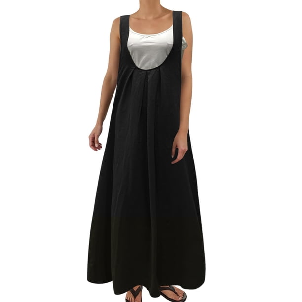 Falda bohemia de verano con cuello en U y tirantes largos - Lino, tirantes ajustables, cintura holgada, vestido informal de princesa para vacaciones en la playa
