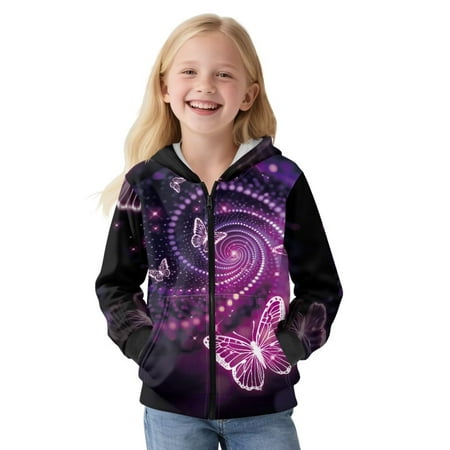 POLERO Purple Butterfly Swirl Print Full Zip Hoodie Oversized Girls Cute Winter Jackets with Pockets Casual Long Sleeve Sweatshirts for Girls Size M