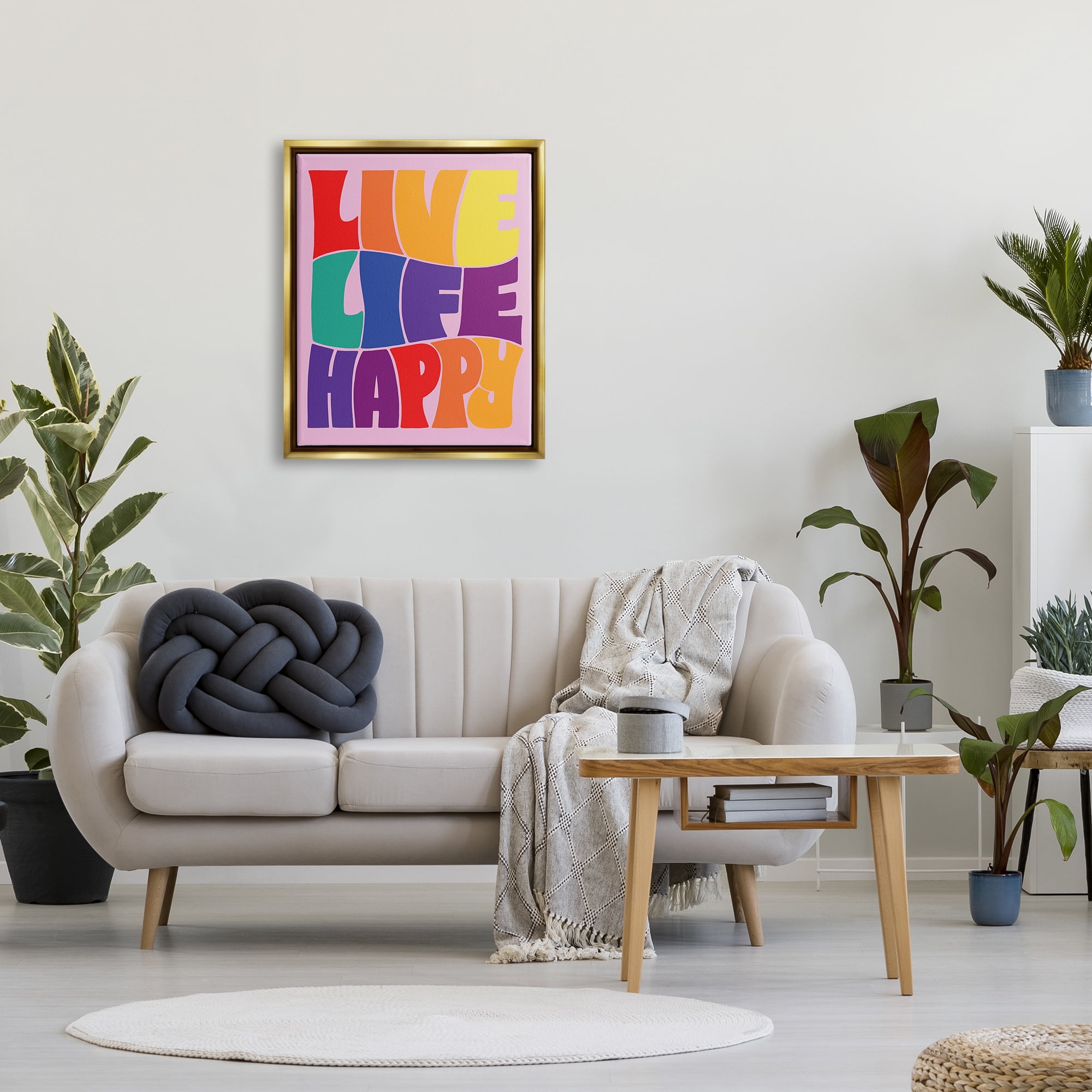 Stupell Industries Live Life Happy Rainbow Phrase Holiday Painting Gold Floater Framed Art Print Wall Art