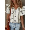 thumbnail image 3 of Women's Beige Bow Printed Ruffled Bubble Sleeve Tied Notched V Neck Blouse - Cute & Feminine - [ZhiHiMeRi] | (US 12-14)L, 3 of 12