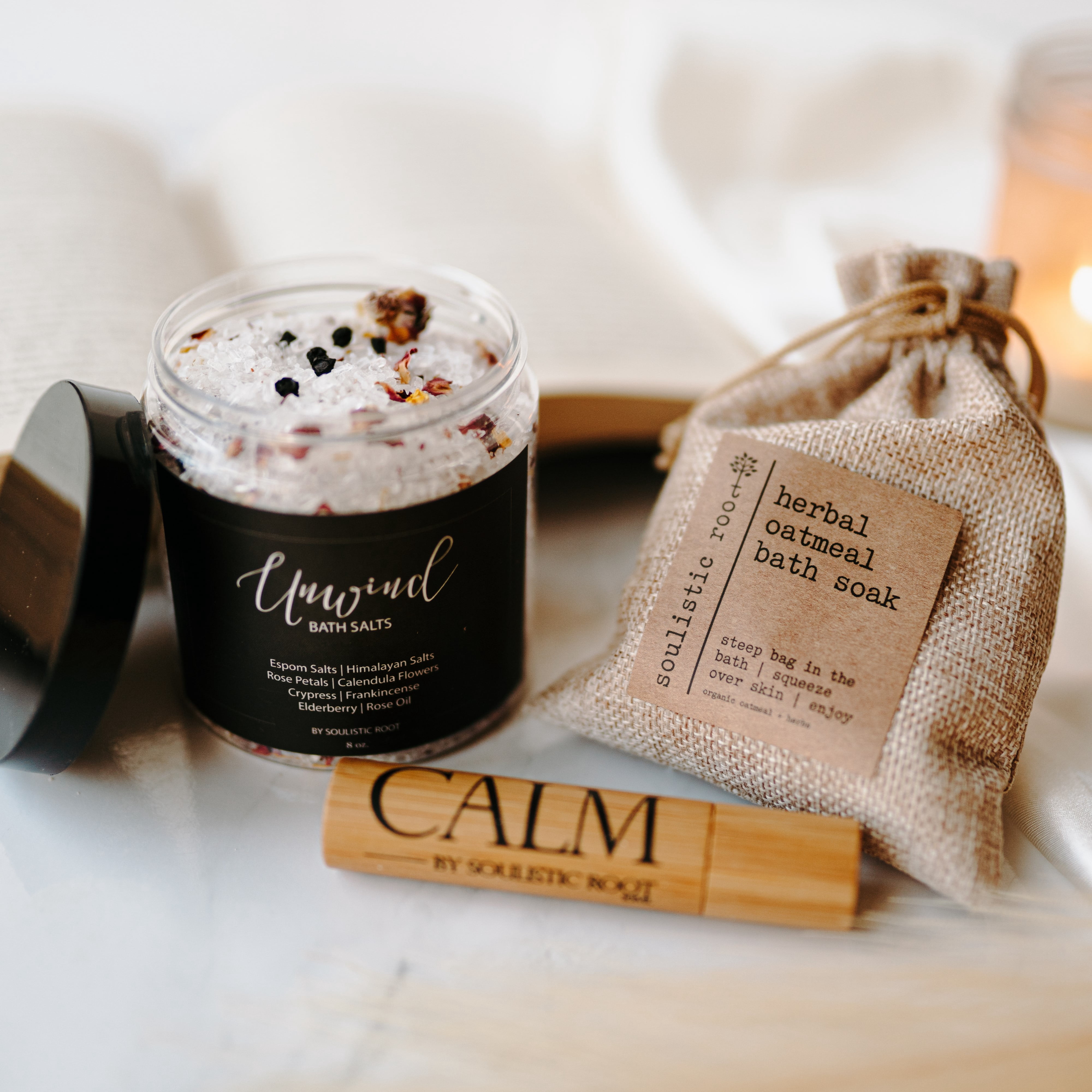 Soulistic Root Relaxing Bath Gift Set, Luxury Spa Gifts for Women, Self Care Products for Women and Men, Calm Essential Oil Roller, Oatmeal Lavender Bath Soak & Epsom Salts with Essential Oils