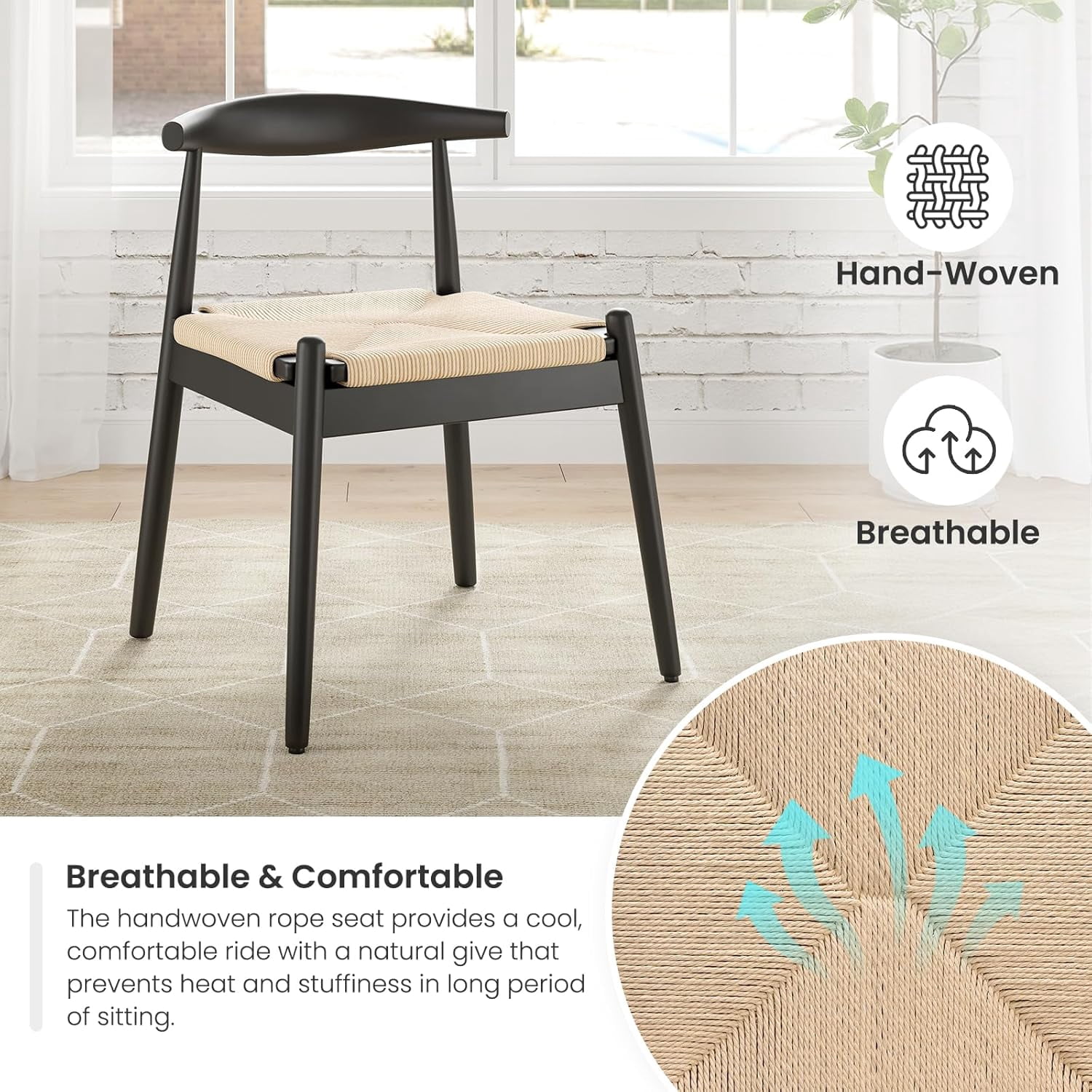 Farini Mid-Century Dining Chairs Set of 4, Solid Wood Frame & Woven Leather Seats, Black-Beige