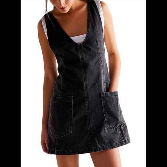 Women Denim Overalls Mini Dress Adjustable Shoulder Straps High Roller Skirtall Casual Jean Romper Black L