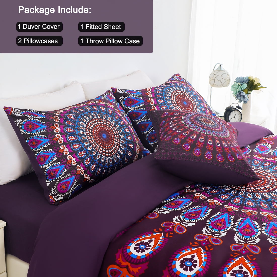 PiccoCasa 5pcs Polyester Duvet Cover Set Bohemian Bedding Set, Purple Queen