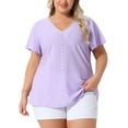 thumbnail image 1 of Blusa de manga acampanada de talla grande para mujer Agnes Orinda, escote en V, camiseta hueca de primavera y verano, 1X, púrpura claro, 1 of 6