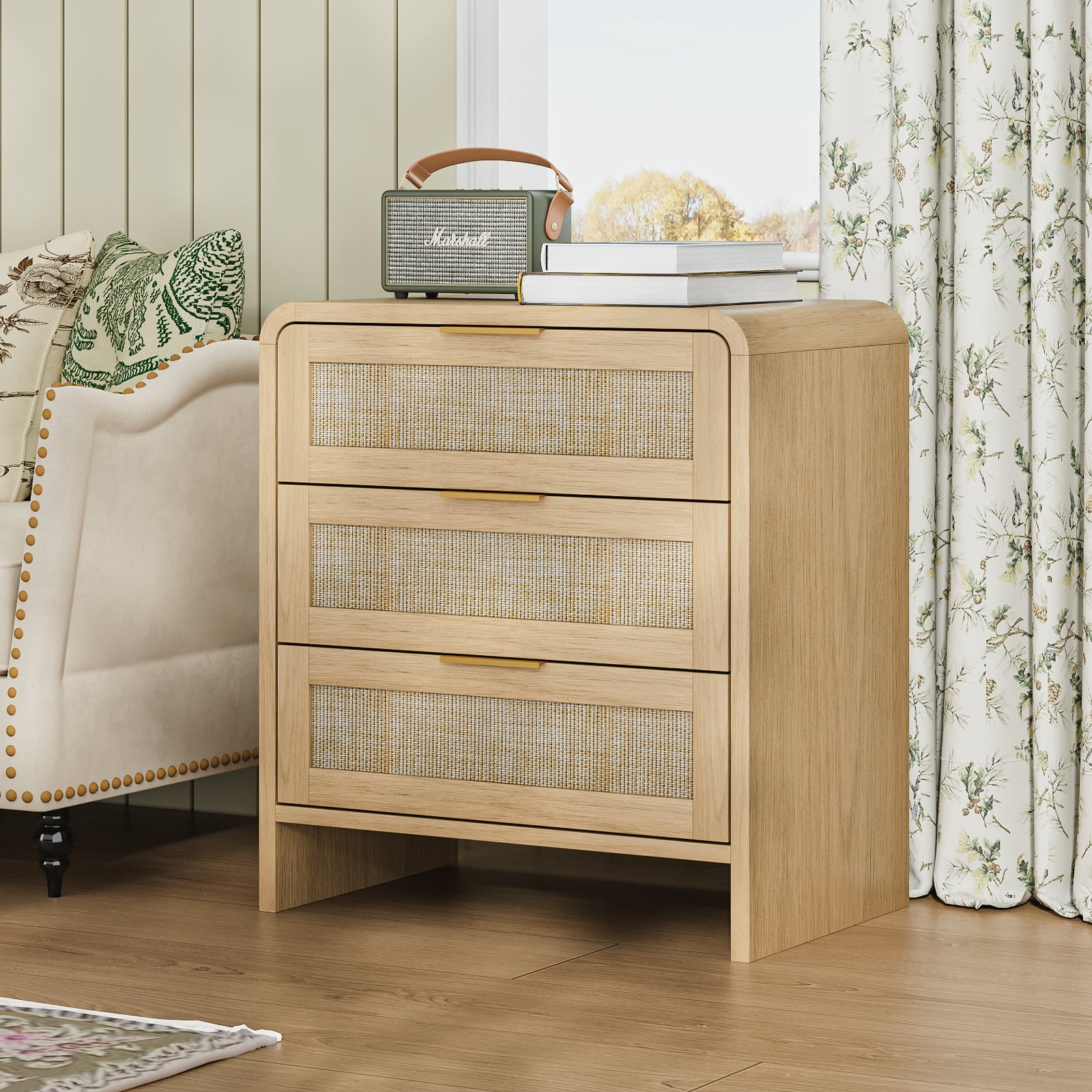 Rattan Nightstand with 3 Drawers, 22.8 Inch Curved Wooden Bedside Table with Gold Handles, Modern Storage for Bedroom, Stylish, Natural Oak