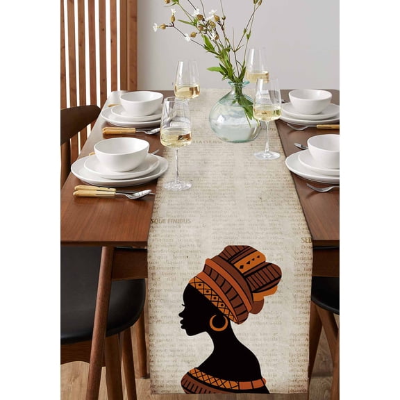 African Black Women on Vintage Table Runner 13x72in Non-Slip Cotton Linen Table Runners, Nation Geometric Pattern Dresser Scarves TableRunner for Dinner Kitchen Dining Wedding Party