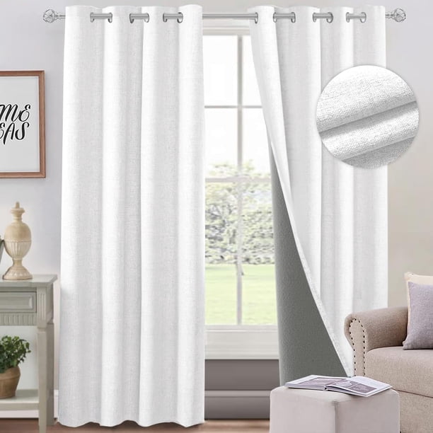 Lino Cortinas Blackout con Aislamiento Térmico, 100% Blackout y Ojal Superior Cortina para Recámara y Ventana de Sala, Capa Trasera de Revestimiento Gris, 2 Paneles, 132 x 241 cm, Blanco