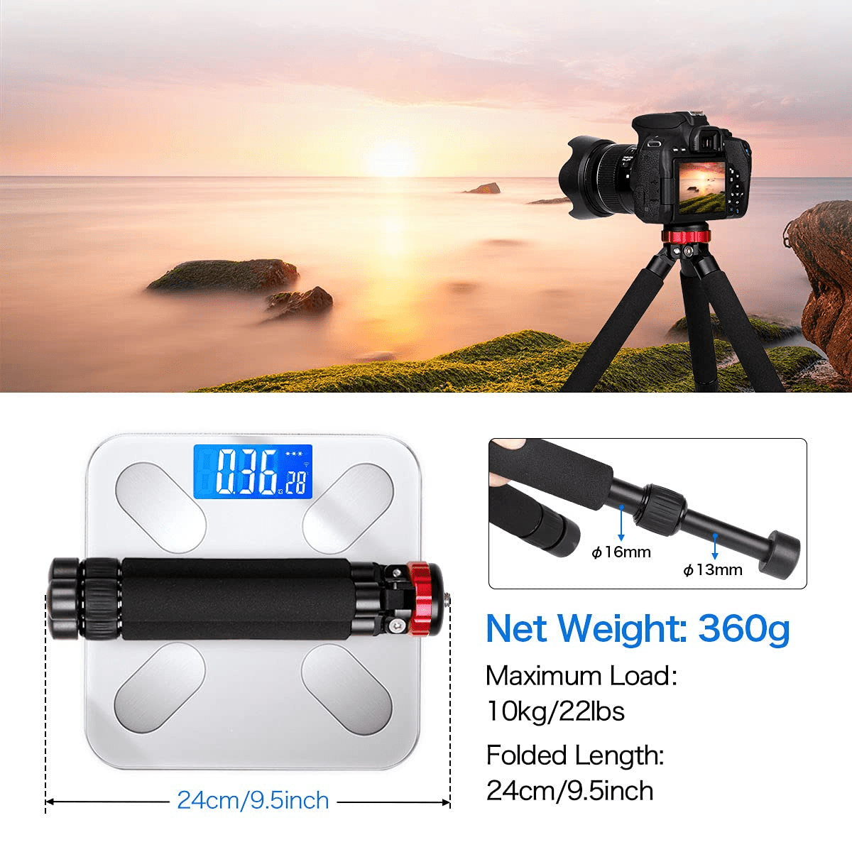 Koolehaoda Mini Tripod All Metal Tabletop Tripod Stand with 1/4 and 3/8 Screw Mount and Function Leg Design, Max Height 13 inch, Load up to 10kg/22lbs,for DSLR Camera,Monopods