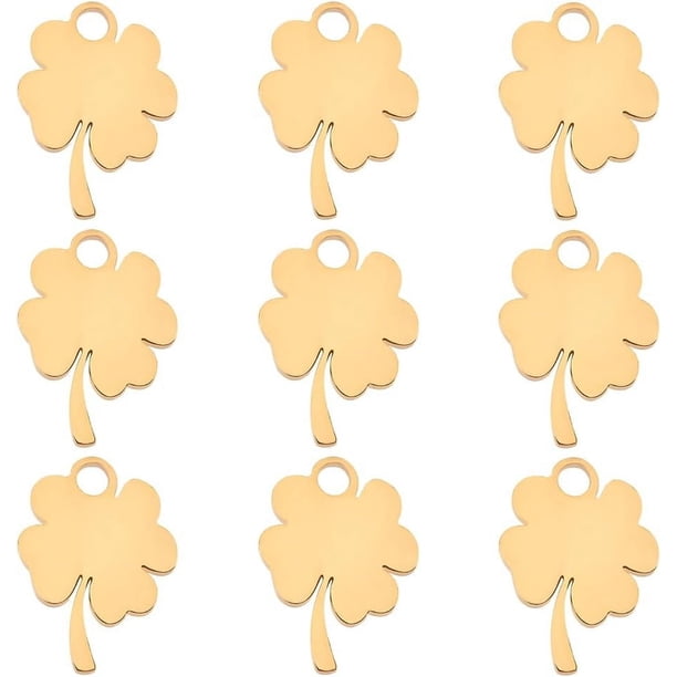 1 caja de 10 colgantes de trébol de cuatro hojas chapados en oro de 18 quilates con forma de trébol de la suerte para hacer pendientes, collares, pulseras y joyas.