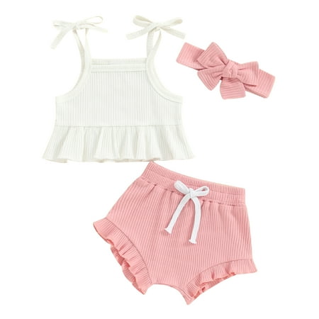 

Mevireiy Baby Girls Knitted Outfits Ruffled Sleeveless Camisole Tops Elastic Waist Shorts White 18-24 Months