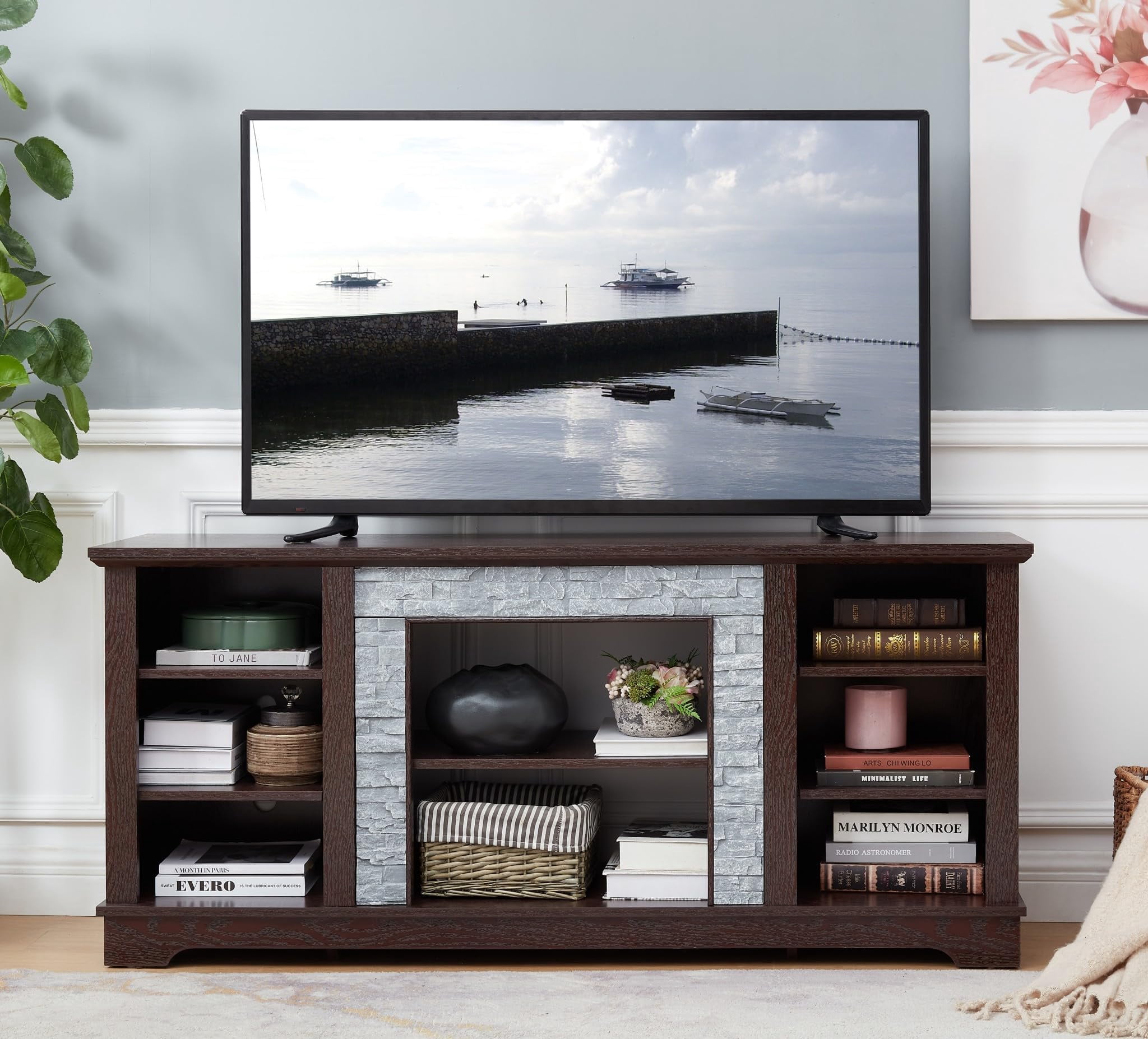 Eyisean 58" W Modern TV Stand with Large Storage Space, Entertainment Center with Faux Stacked Stone, Wood Media Console Table for TVs Up to 65", Rack for Living Room