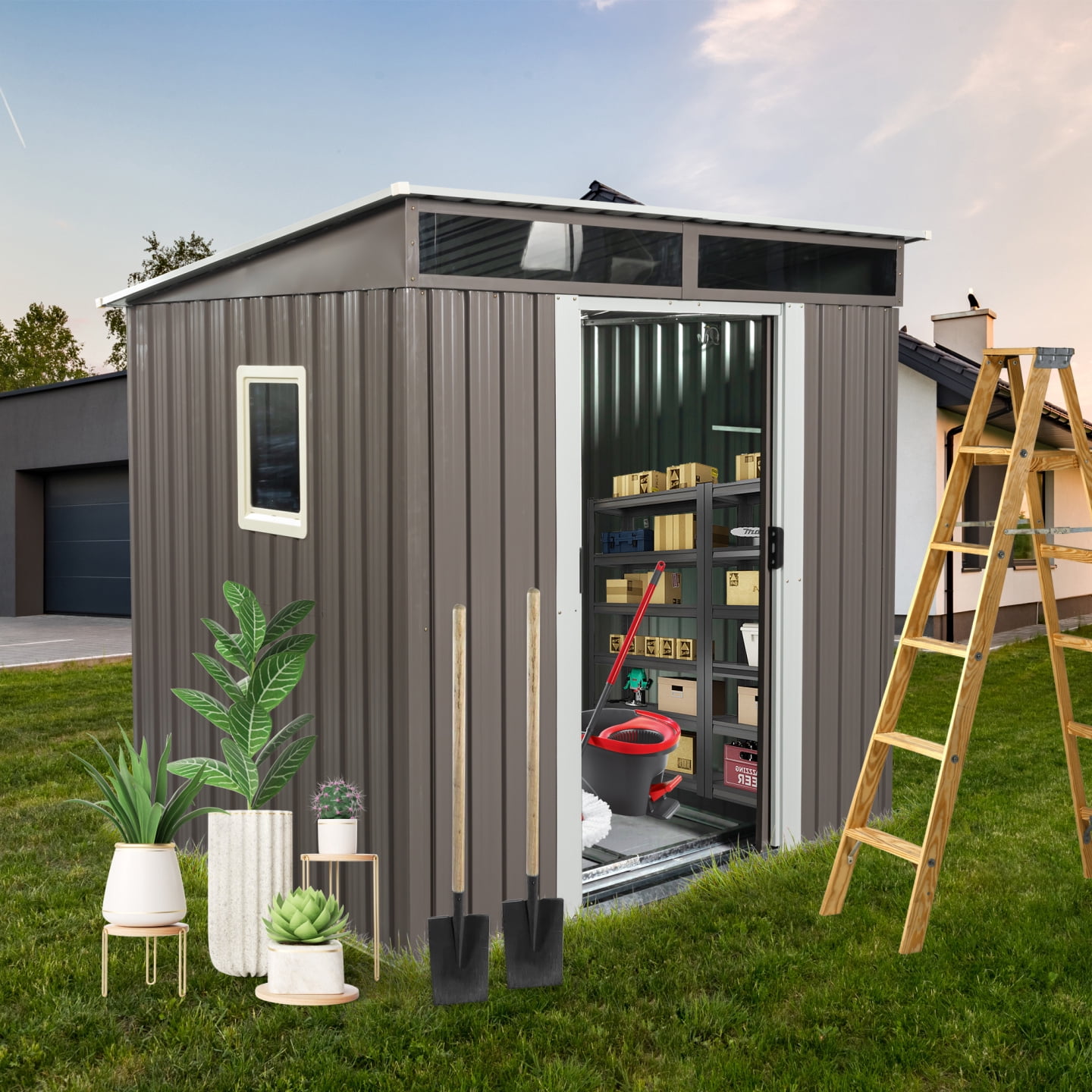 6ft x 5ft Outdoor Storage Shed with Sliding Doors and Padlock, Metal Tool Cabinet with Window and Metal foundation, Waterproof Tool Sheds for Backyard Garden Patio Lawn, Gray