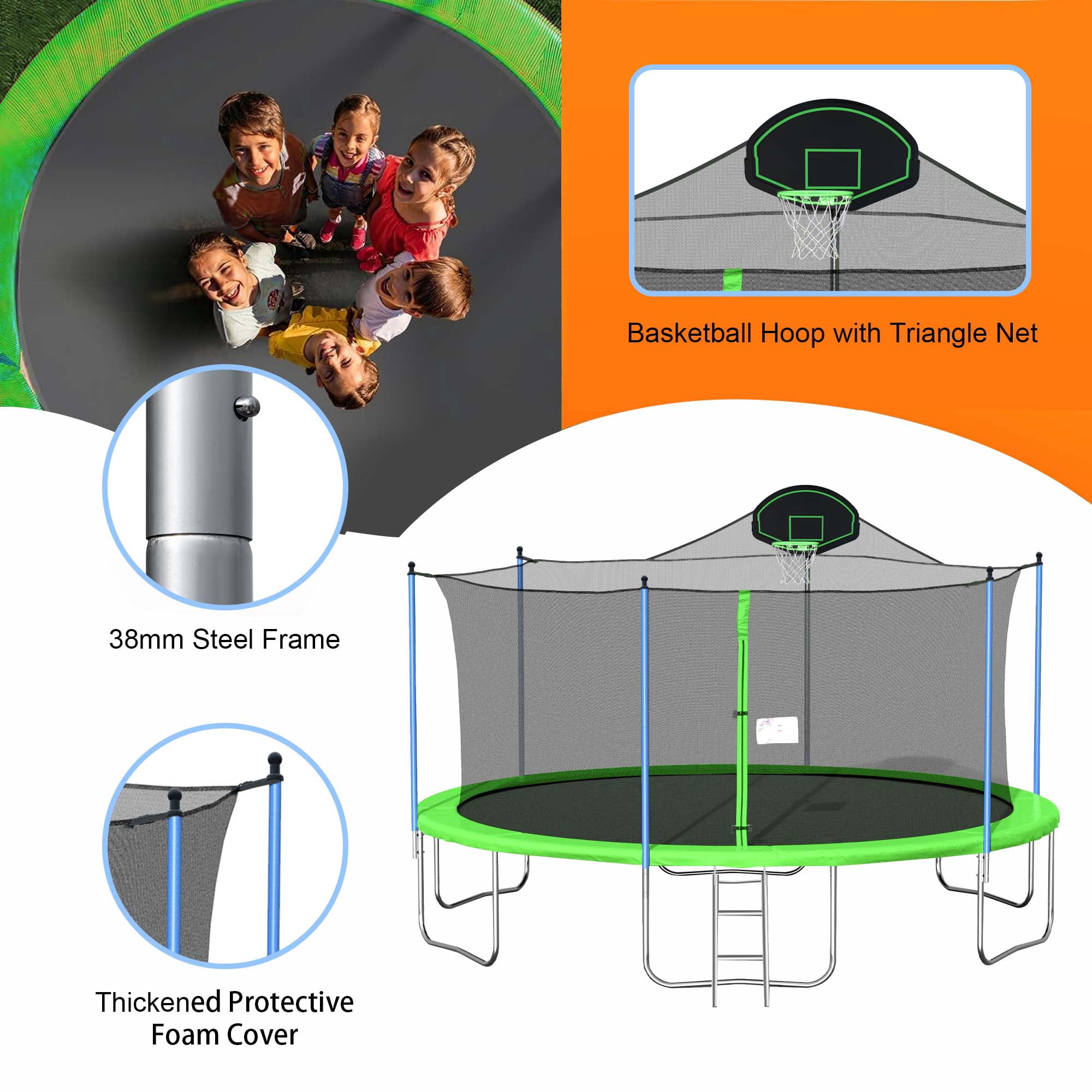 Aukfa 16FT Trampoline with Basketball Hoop for Kids Adults, Outdoor Trampoline with Enclosure for Backyard - Green