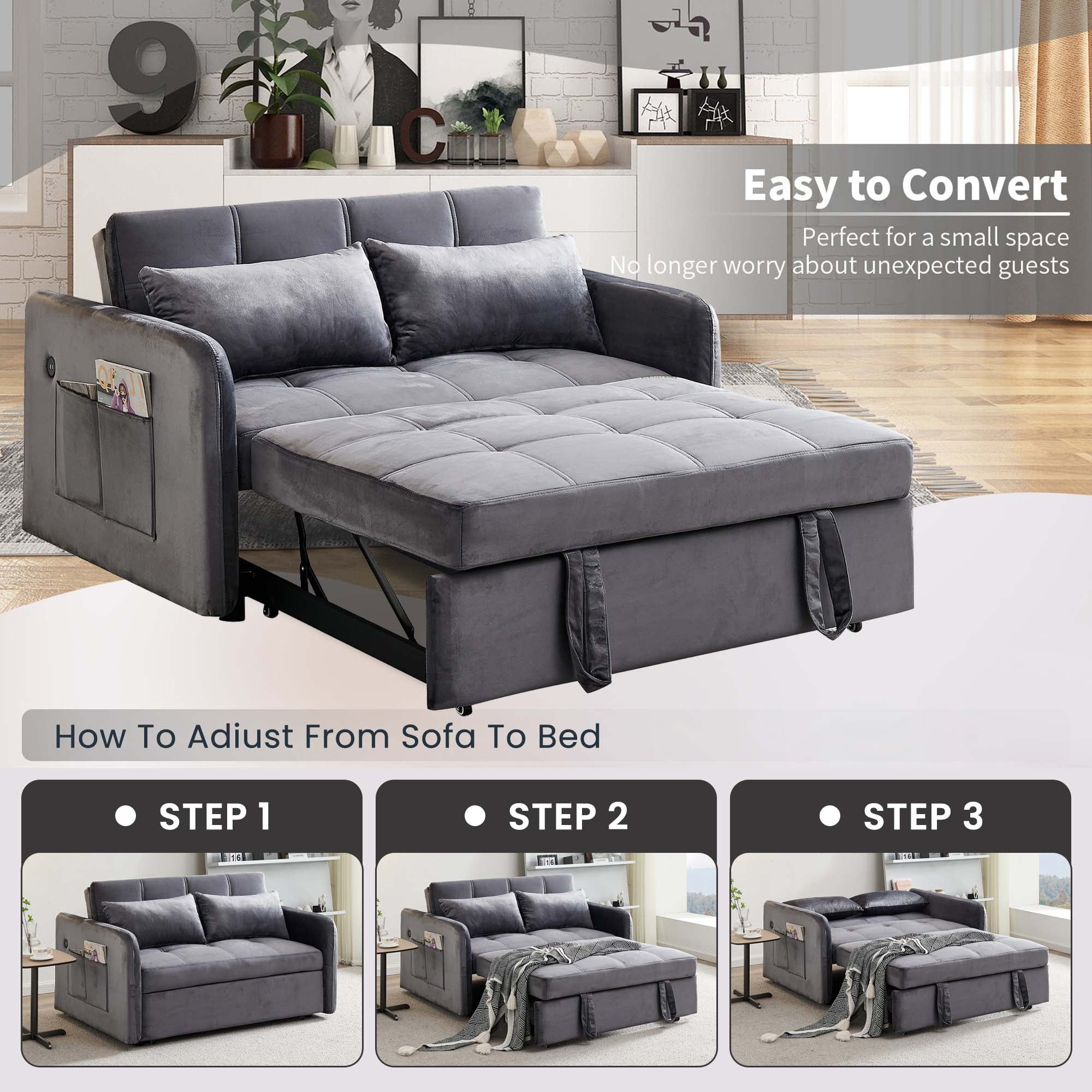 DEALTOPS 55.5" Pull Out Loveseats Sleeper Sofa Bed with USB Ports and Side Pockets, Gray