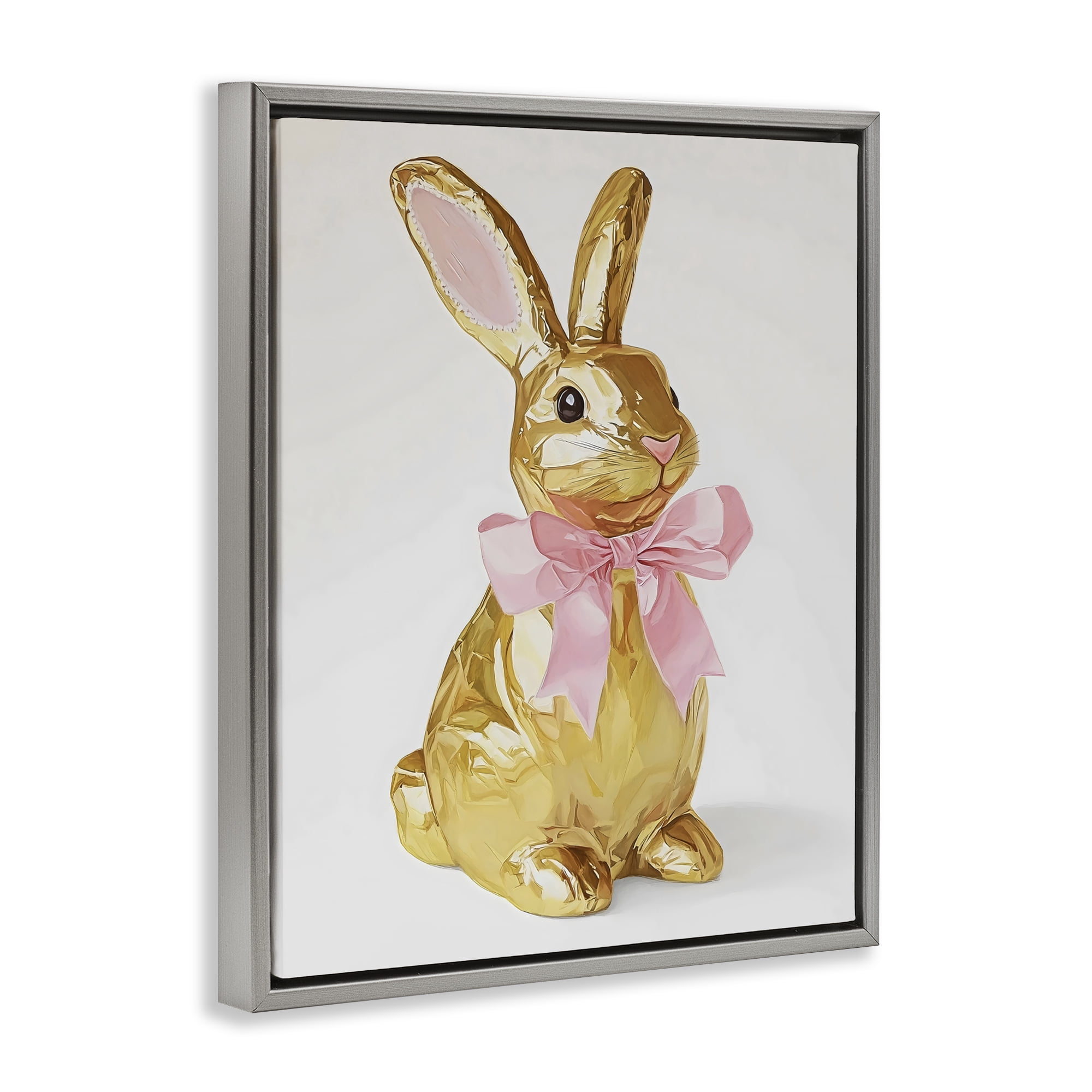 Stupell Industries Golden Easter Bunny with Ribbon Gray Framed Floater Canvas Wall Art, design by The Prints Vibe