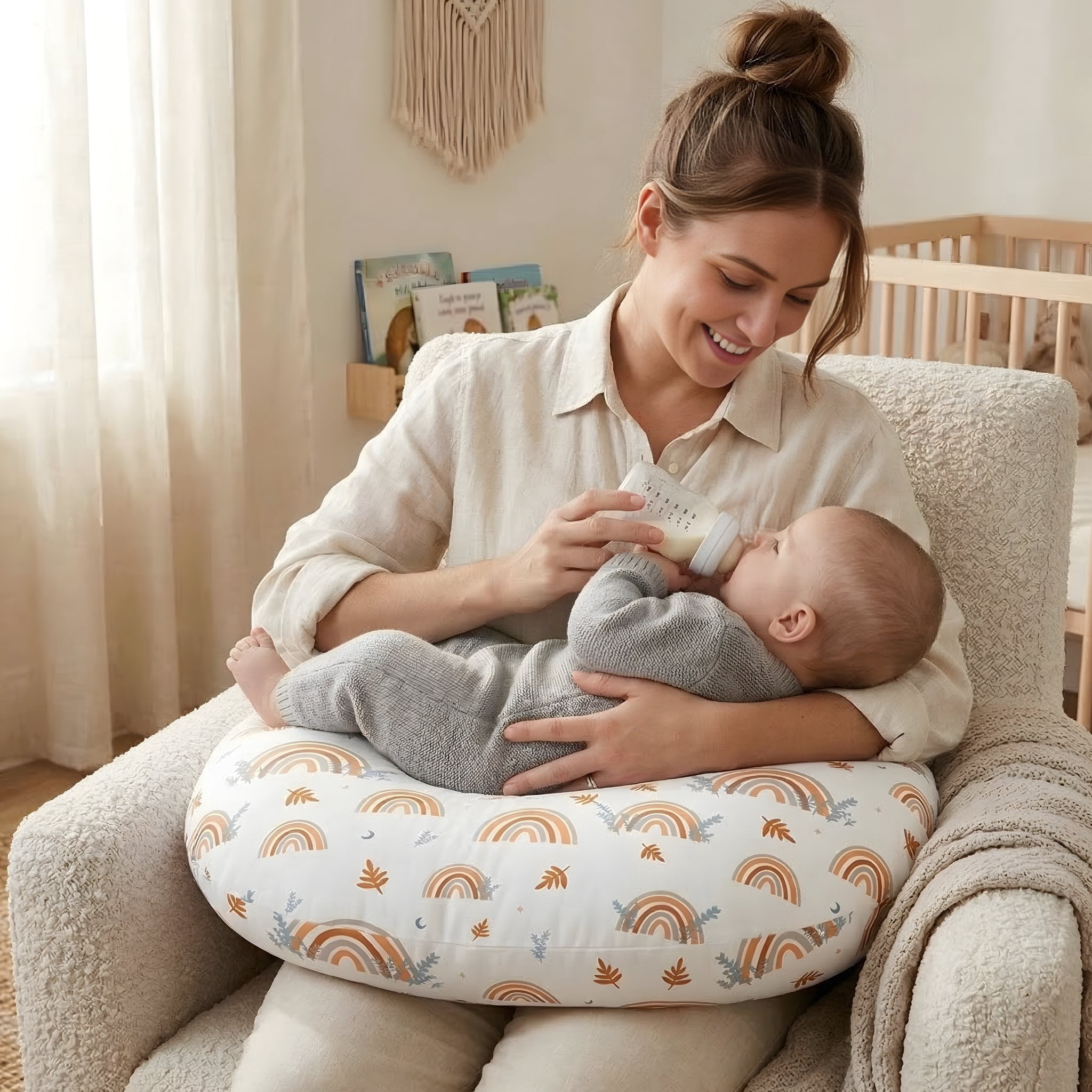 Jolly Jumper Baby Sitter Nursing Pillow - Rainbows | 100% Cotton, Hypoallergenic Support Cushion for Breastfeeding, Sitting & Lounging | Made in Canada