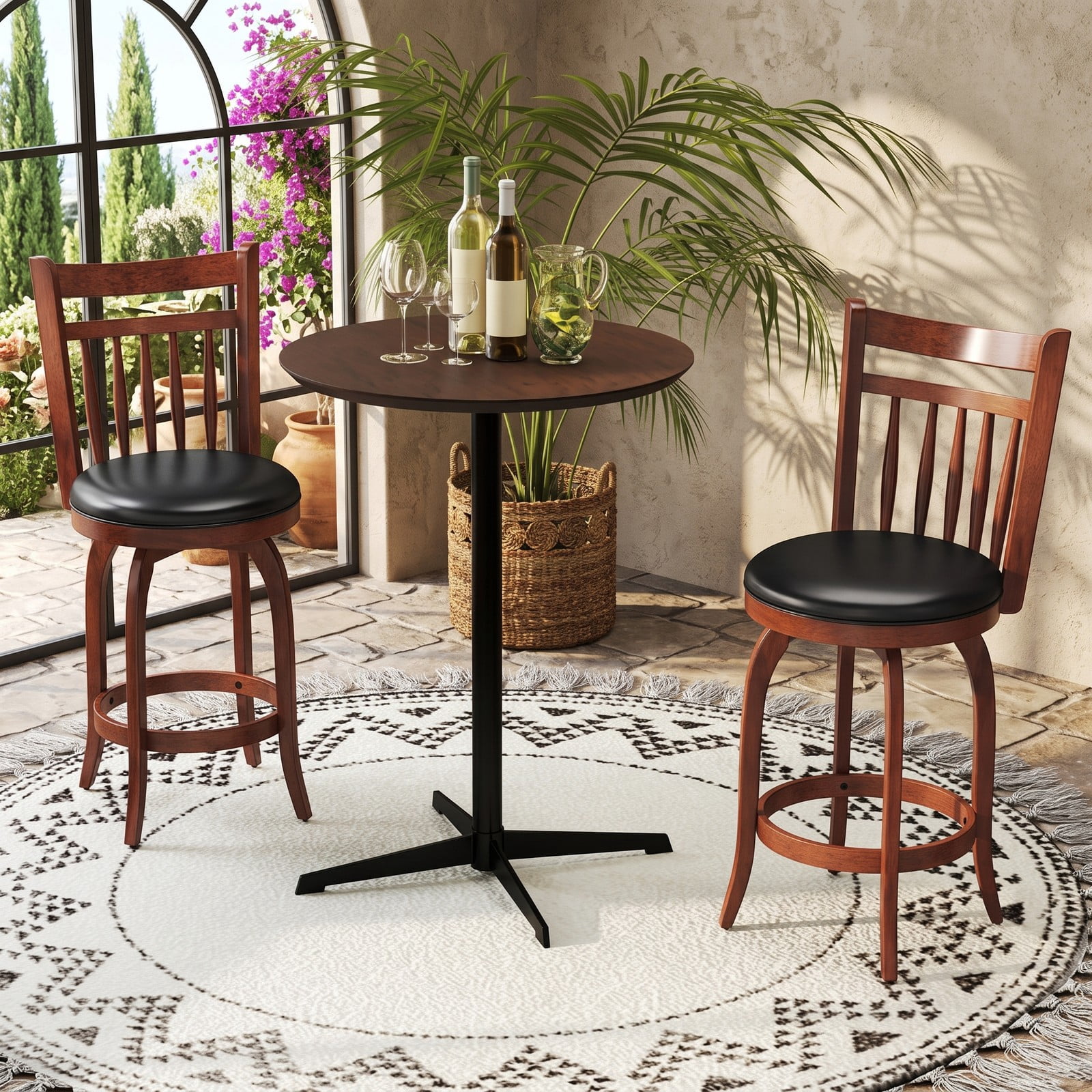 Furnibear Swivel Bar Stools Set of 2, 24 Inch Counter Height Faux Leather Upholstered Barstools with Curved Backrest and Footrest for Kitchen, Espresso and Black