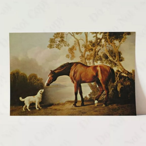 Kna Prints - Bay Horse And White Dog Friends Animal Landscape Lake Wall Art Poster Print - Kir 8002, UNFRAMED-8x12