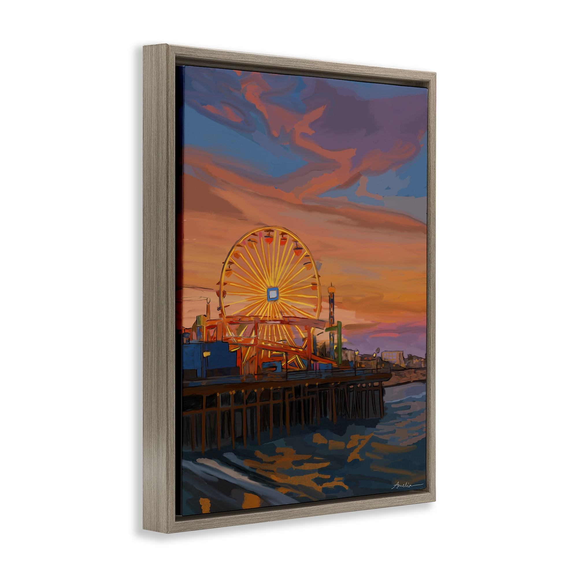 Stupell Industries Santa Monica Pier Sunset Brown Framed Floater Canvas Wall Art, design by Amelia Noyes
