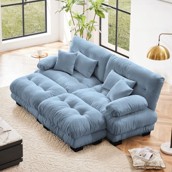 Modern Chenille 2-Seater Couch with 2 Ottomans for Living Room
