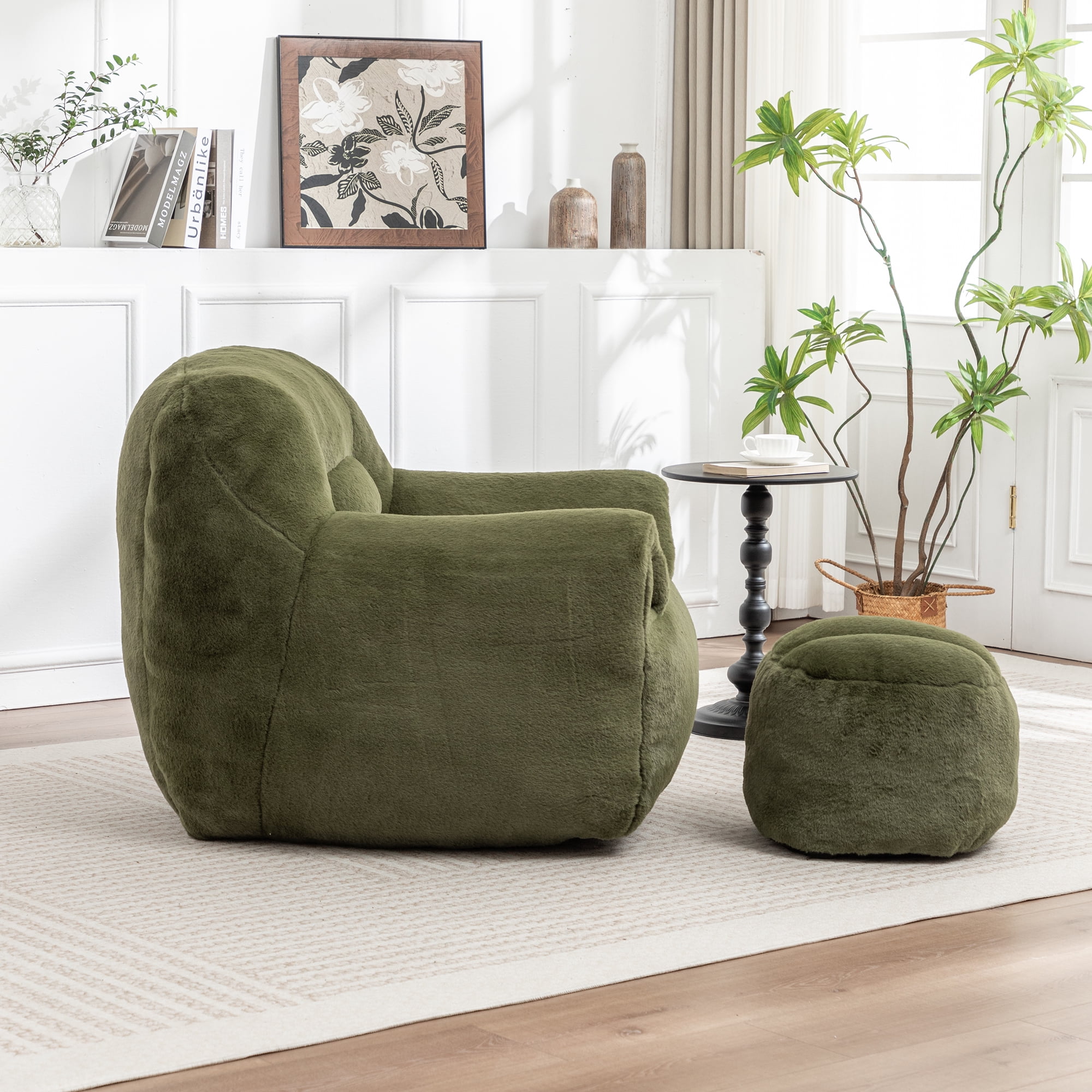 Bean Bag Chair, Comfy Bean Bag Sofa with Back Support, With Footstool,Faux Fur Bean Bag Chair for Adults and Kids, Stuffed Floor Sofa for Living Room, Bedroom,Green