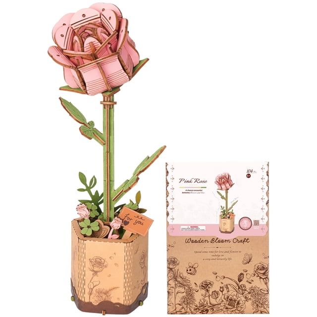 Puzle 3D de madera con flor rosa rosa, modelo DIY ROBOTIME