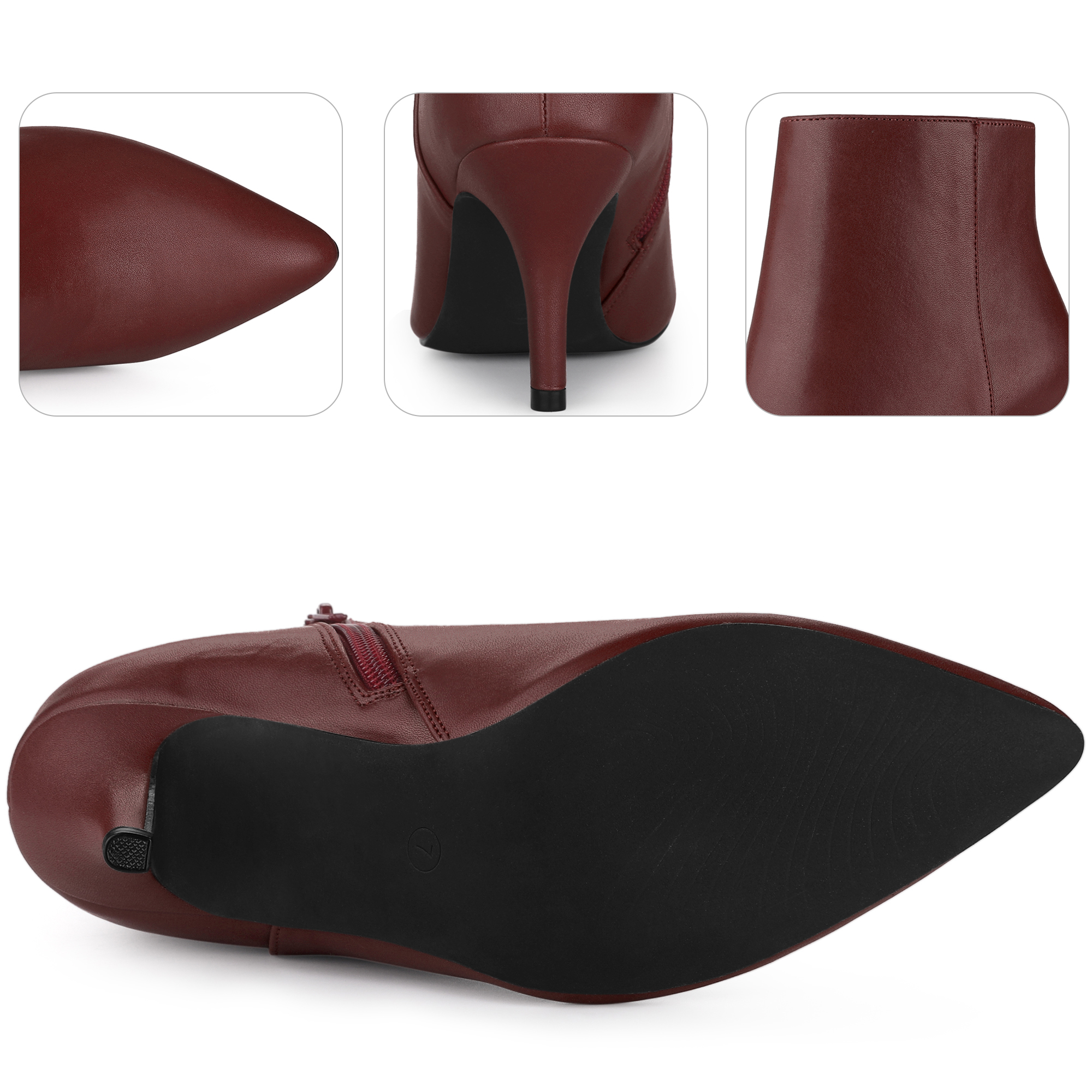Unique Bargains Women's Side Zipper Pointed Toe Stiletto Heel Ankle Boots Burgundy 10