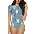 thumbnail image 2 of Uemuo Rabbit And Rainbow Pattern Women's One Piece Short Sleeve Swimsuit Rash Guard Surfing Modest Quick-drying Swimsuit Beach Essentials-, 2 of 9