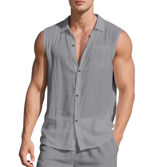 Men's Sleeveless Linen Blend Button Shirt, Relaxed Collared Summer Vest with Chest Pocket