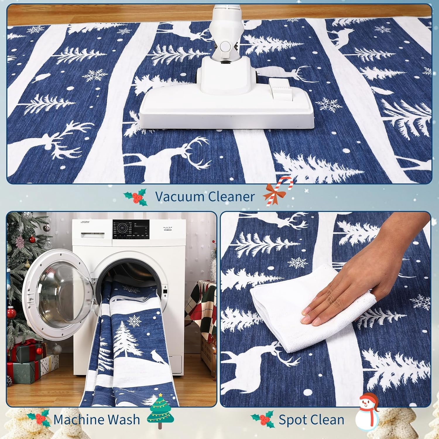 Garvee 8x10 ft Christmas Rug, Washable Non Slip Low Pile Carpet, Xmas Tree Reindeer Snowflake Indoor Rug for Entryway, Kitchen, Living Room, Blue