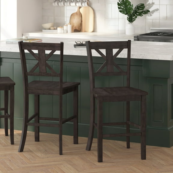Merrick Lane Set of Two Solid Wood Modern Farmhouse Counter Height Dining Stool in Gray Wash Walnut Finish