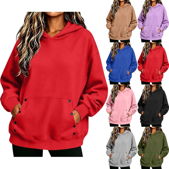 SYwaren Women's Cozy Hoodies Solid Color Long Sleeve Button Pocket Loose Fit Casual Pullover Sweatshirt
