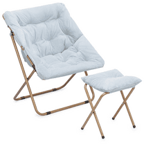 RTRWDC Folding Faux Fur Moon Saucer Chair, Blue Metal Frame Lounge Chair with Ottoman, Square Design Oversized Upholstered Seat for Living Room/Bedroom/Outdoor