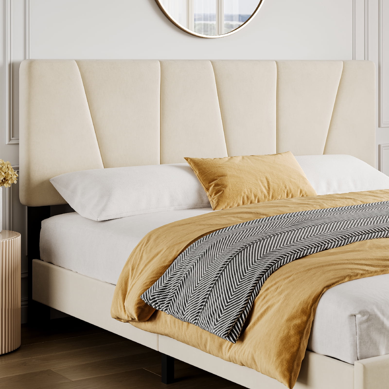 Shininglove Queen Size Platform Bed Frame, Linen Upholstered Bed Frame with Headboard, Modern Mattress Foundation with Wooden Slats Supports for Twin Bed, No Box Spring Needed, Beige