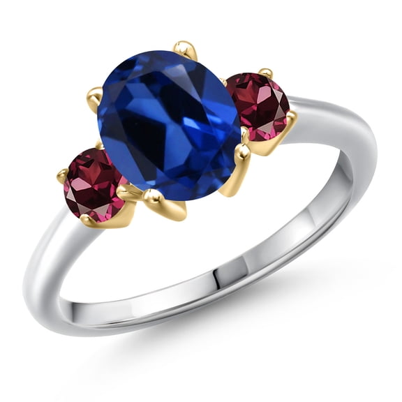 Gem Stone King 925 Silver and 10K Yellow Gold Blue Created Sapphire and Red Rhodolite Garnet Engagement Ring for Women | 3.04 Cttw | Oval 9X7MM | Gemstone September Birthstone | Size 7