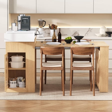 JESTOP Extendable Dining Table with Folding Tabletop Bar Table with Drawers and Power Outlet Kitchen Island with Wheels and Hooks Sideboard for Kitchen and Dining Room (Natural+Creamy White)