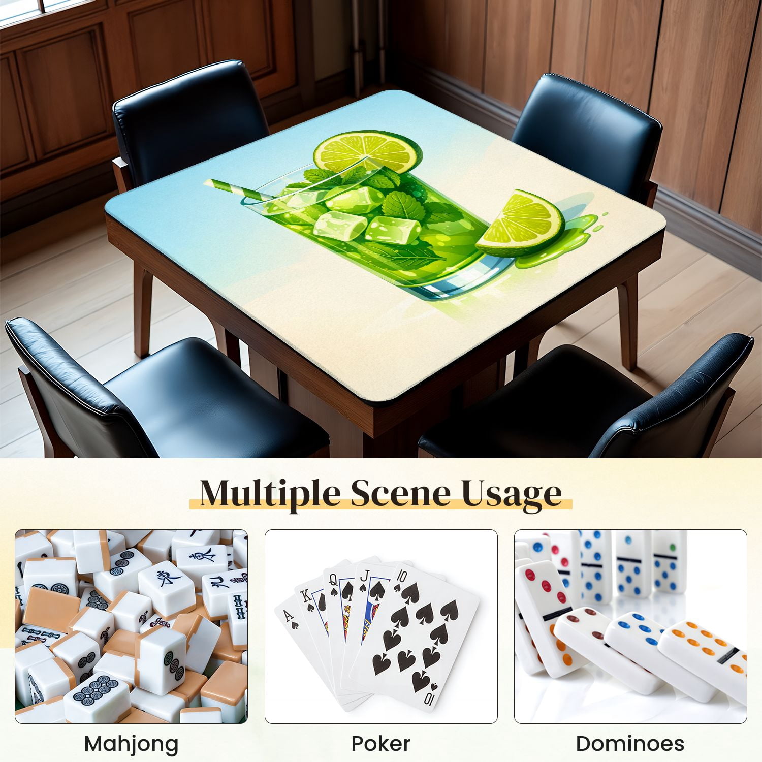Mahjong Mat 31.5" x 31.5" Refreshing Lime Mojito Drink Mint Ice Cubes Non-Slip Noise Reduction Mahjong Tiles Table Cover for Dominoes Poker Card Board and Tile Games