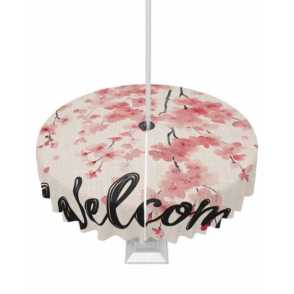 Hokiten Outdoor Tablecloths with Umbrella Hole & Zipper, Pink Floral Round Tablecloths 60 Inch, Spring Pastoral Botanical Blossom Retro Waterproof Table Cloth, Patio/Pool/Picnic Table Covers