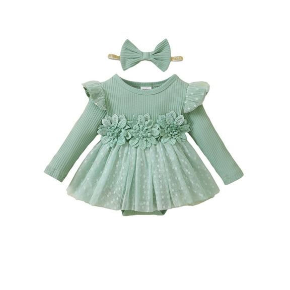 KIMI BEAR Newborn Baby Girls Dress 3-6 Months Fall Winter Warm Clothes Solid Color Ruffle Long Sleeves Romper Dress Flower Front Tulle Princess Dress with Headband Green