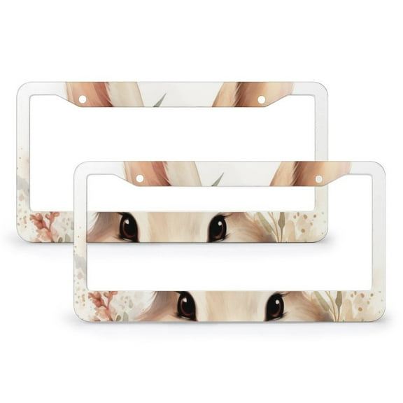 License Plate Frame Bunny With Flowers In Crown License Plate Cover Frame 2 PCS Lovely Animals Colorful Rabbit Aluminum License Plate Cover Car Accessories US Canada Standard
