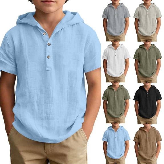 Fancifize Cotton Hoodies for Boys Summer Short Sleeve Quarter Button Hooded Tshirts Kids Casual Loose Tops 5-14 Years