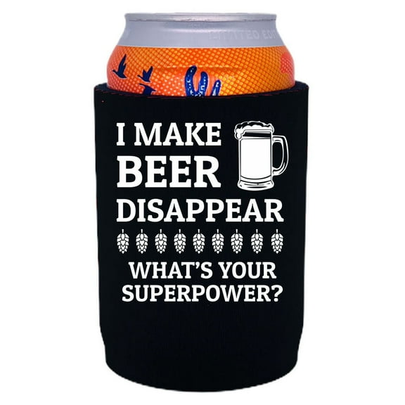 I Make Beer Disappear, What's Your Superpower? Full Bottom Can Coolie (Black)