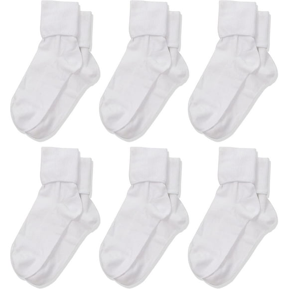 Jefferies Socks Little Girls' Seamless Turn Cuff Socks (Pack of 6), White, Large