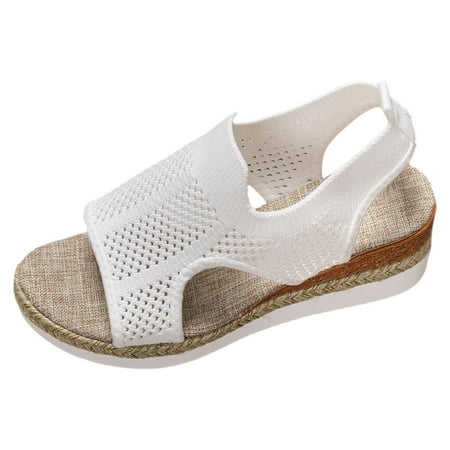 

PMUYBHF Female Womens Sandals Size 9 Dressy New Large Size Sports Sandals Women s Wedge Heel Fly Weave Casual Hollow Beach Sandals White 42