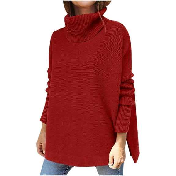 JINMGG 2024 Fall Winter Plus Size Sweaters for Women Clearance,Women's Solid Winter Turtleneck Sweater Sleeve Hem Pullover Knitted Sweater