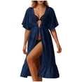 thumbnail image 2 of Pounoo Women's Beach Cover Ups V Neck Short Sleeve Chiffon Cover Ups Beach Vacation Style Lightweight Breathable Drawstring Waist Ruffle Hem Loose Fit Cover Ups Gift, 2 of 8