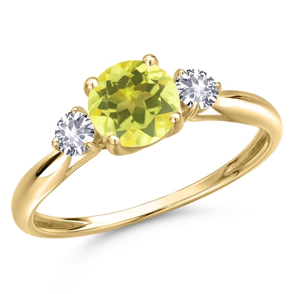 Gem Stone King 10K Yellow Gold Canary Mystic Topaz and White Created Sapphire 3-Stone Ring for Women | 1.26 Cttw | Round 6MM | Gemstone November Birthstone | Size 9