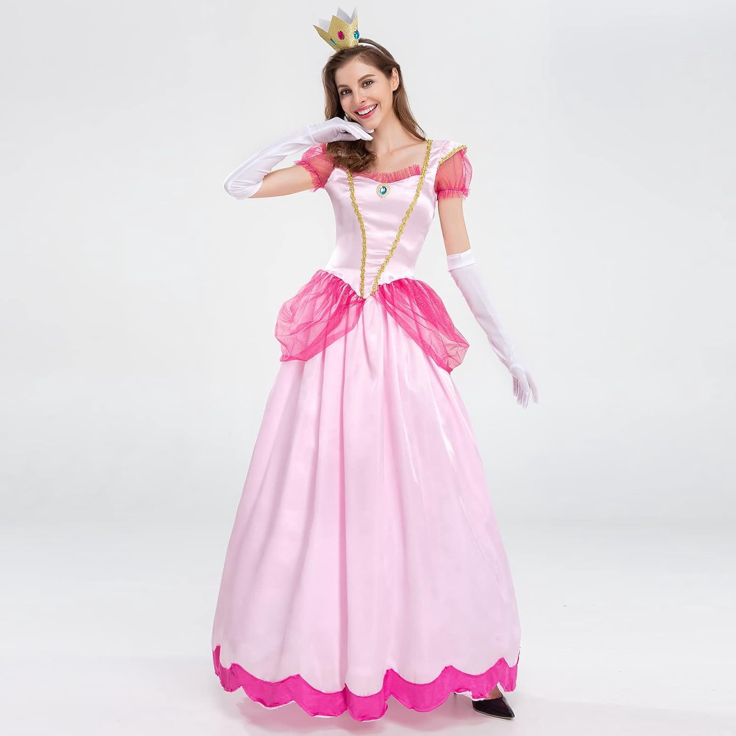 Guvpev Women's Princess Dress - Puff Sleeve Long Dress, Glove, Crown, 3Pcs Princess Costume, Halloween Cosplay Costume with Dress Up Accessories, Birthday Party Fancy Dress up Outfits
