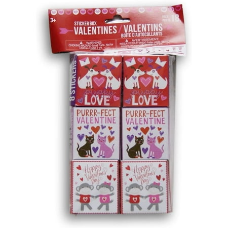 Valentines Day Themed Gift Assorted Stickerboxes - Love, Puppies, Hearts - 18 Count
